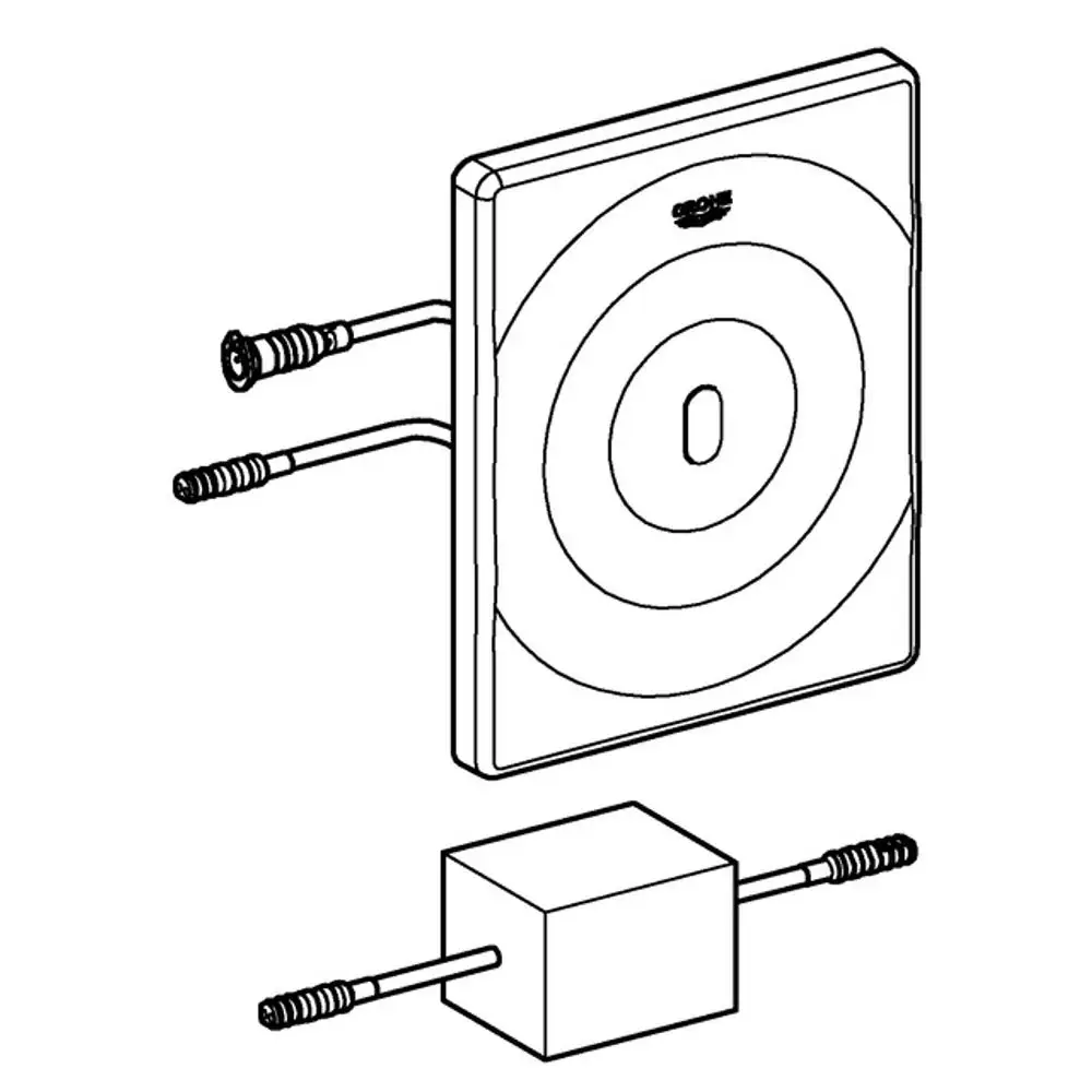 Abdeckplatte mit zwei Schraubenanschlüssen, möglicherweise für eine Grohe-Installationsanwendung, in quadratischer Form und mit glatter Oberfläche.