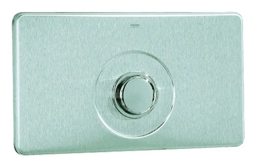 Platte mit Druckknopf in metallischer Optik, geeignet für die Betätigung von WC-Anlagen. Das Produkt stammt von der Marke Grohe.