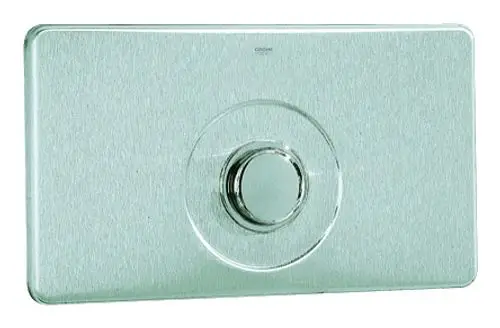 Platte mit Druckknopf in metallischer Optik, geeignet für die Betätigung von WC-Anlagen. Das Produkt stammt von der Marke Grohe.