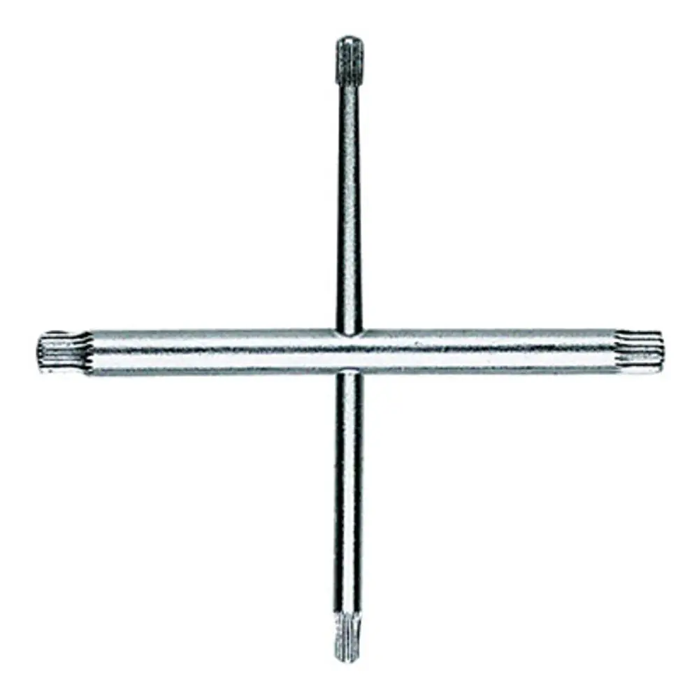 Kreuzriefenschlüssel mit mehreren Greifarmen von Grohe, zur Verwendung bei verschiedenen Armaturenköpfen oder Auslassventilen.