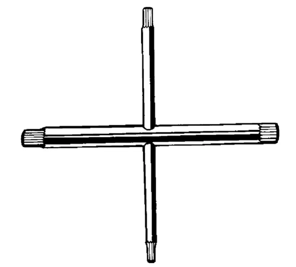 Grohe Kreuz-Riefenschlüssel mit zwei gekreuzten Stangen und riefenförmigen Enden zur Befestigung oder Justierung von Bauteilen.