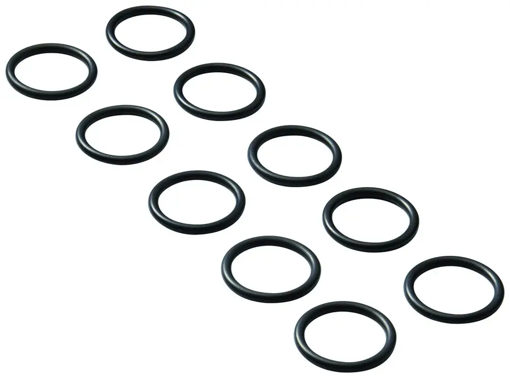 Schwarze O-Ringe von Grohe, in einer Reihenanordnung auf hellem Untergrund. Ideal für Dichtungen, in einer Menge von zehn Stück.
