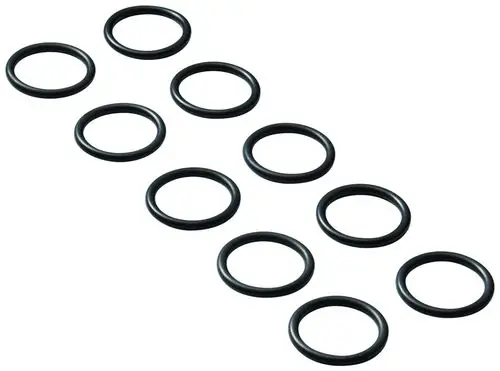 Schwarze O-Ringe von Grohe, in einer Reihenanordnung auf hellem Untergrund. Ideal für Dichtungen, in einer Menge von zehn Stück.