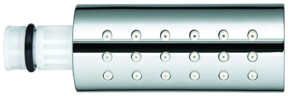 Edelstahlbrause mit mehreren Düsen, geeignet als Ersatz für Grohe Produkte, mit einem weißen Anschlussstück und schwarzem Dichtungsring.