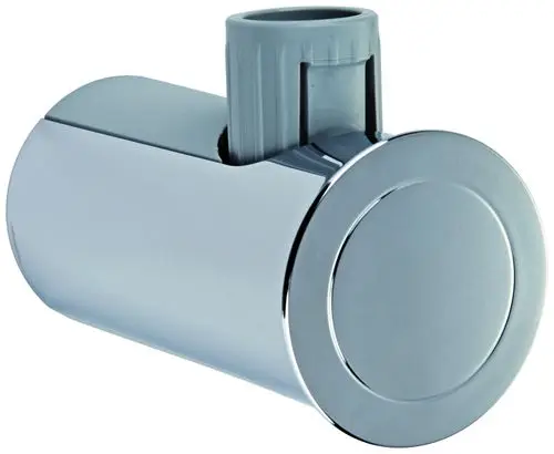 Chromfarbener Halter von Grohe für Brausestangen, mit runder Basis und einem grauen, strukturierten Teil für die Montage.
