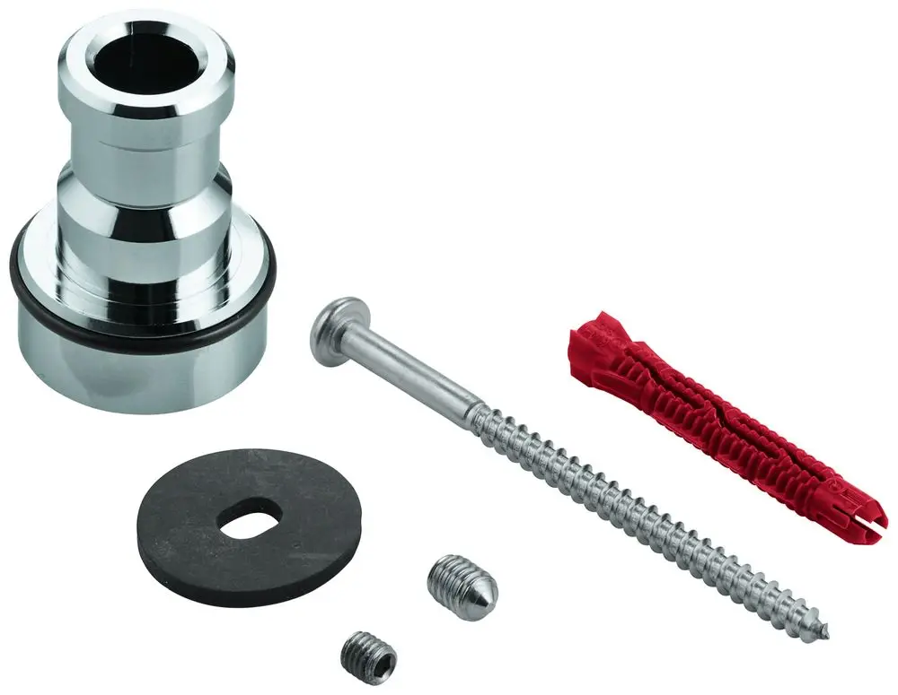 Grohe Brausestangenhalter mit mehreren Zubehörteilen, darunter eine Schraube, eine Dübelhülse und eine Gummiunterlage. Alles in einer chromfarbenen Ausführung.