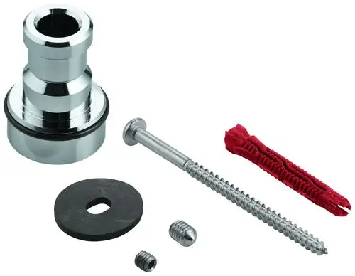 Grohe Brausestangenhalter mit mehreren Zubehörteilen, darunter eine Schraube, eine Dübelhülse und eine Gummiunterlage. Alles in einer chromfarbenen Ausführung.