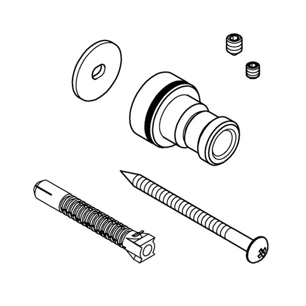 Grohe Bauteile, darunter eine Halterung, eine Scheibe, ein Schraubelement und ein Nägelchen, übersichtlich angeordnet auf weißem Hintergrund.