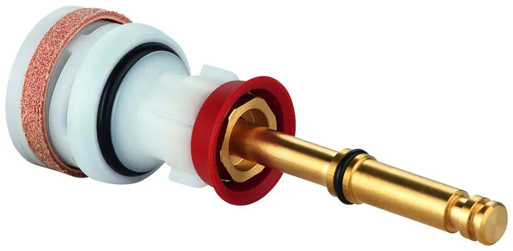 GROHE Kolben mit rot/weißer Abdichtung, konisch zulaufende Metallspitze, Teil eines Urinal-Spülmechanismus, zeigt robuste Verbindungsmaterialien und Design für Wassersysteme.