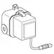 Transformator von Grohe mit quadratischem Gehäuse und Kabelausgang. Die Verbindung erfolgt über einen runden Stecker. Das Produkt hat eine einfache, kompakte Bauform.