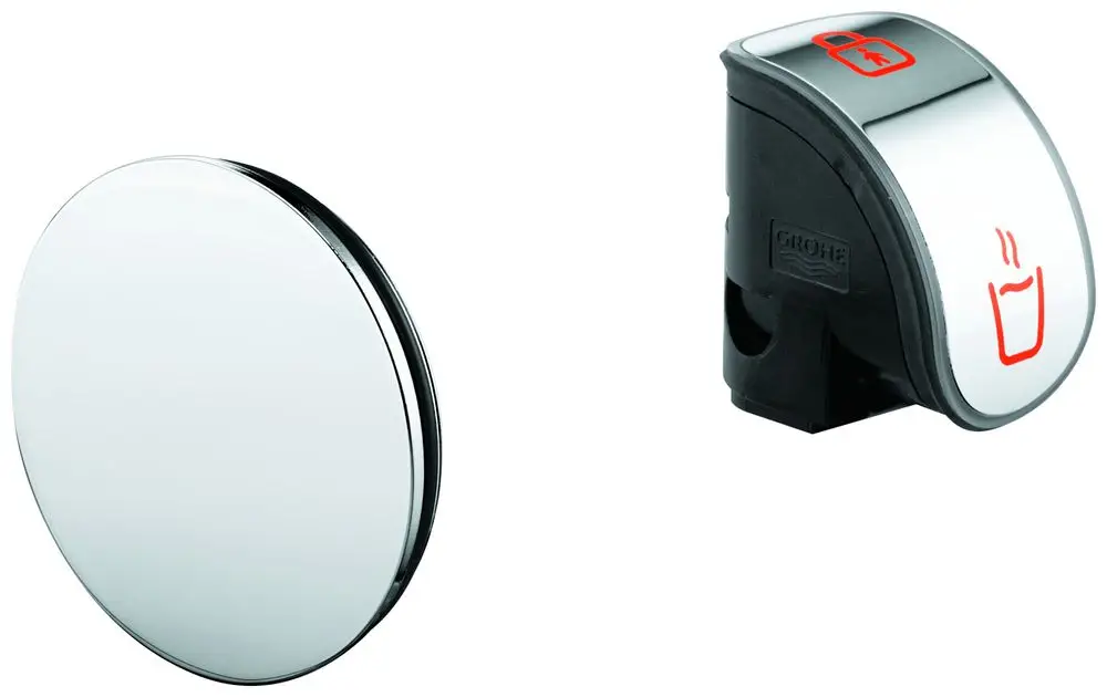 GROHE Bedieneinheit mit runder Druckfläche und grafischen Symbolen, geeignet für die Steuerung eines Heizungs- oder Wassersystems. Chromoberfläche, funktionales Design.
