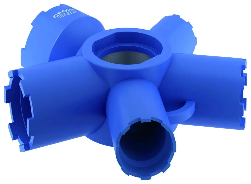 Blauer, multifunktionaler Demontageschlüssel von Grohe mit mehreren Öffnungen zur Befestigung und Befreiung von Sanitärarmaturen.