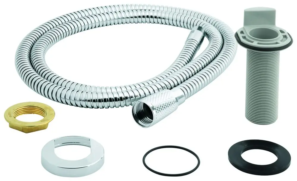 Metallischer Schlauch mit Befestigungen und Dichtungen von Grohe, geeignet für die Installation an einem Küchen-Einhandmischer mit Seitenbrause.