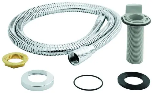 Metallischer Schlauch mit Befestigungen und Dichtungen von Grohe, geeignet für die Installation an einem Küchen-Einhandmischer mit Seitenbrause.