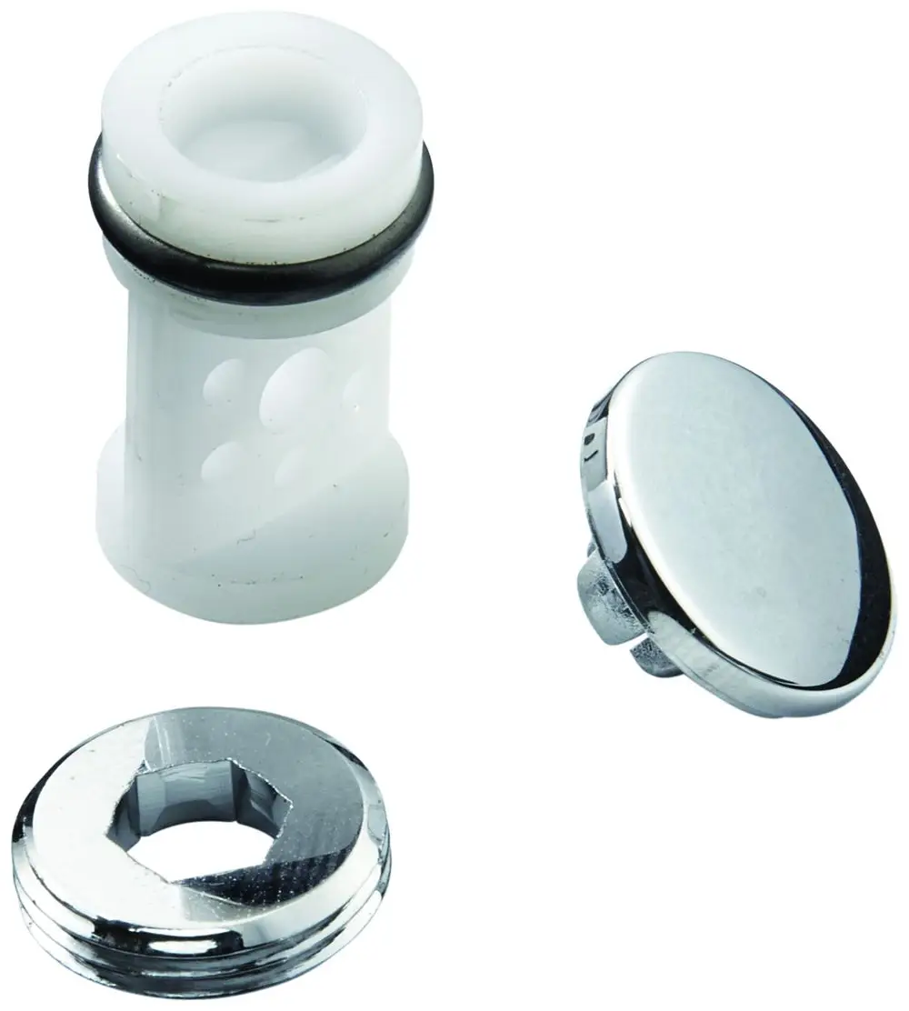 Drei Komponenten von Grohe: ein langer weißer Kunststoffzylinder mit Löchern, ein schwarzer O-Ring und ein metallischer Deckel mit sechseckigem Ausschnitt.