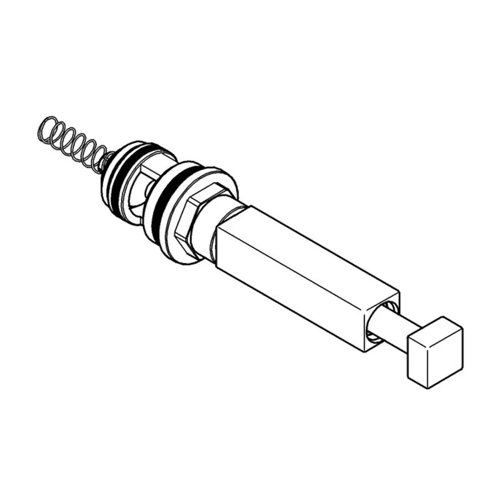 Grohe Bauteil mit einer langen zylindrischen Form, einer Feder und mehreren Ringen. Das Ende hat eine quadratische Ausführung.