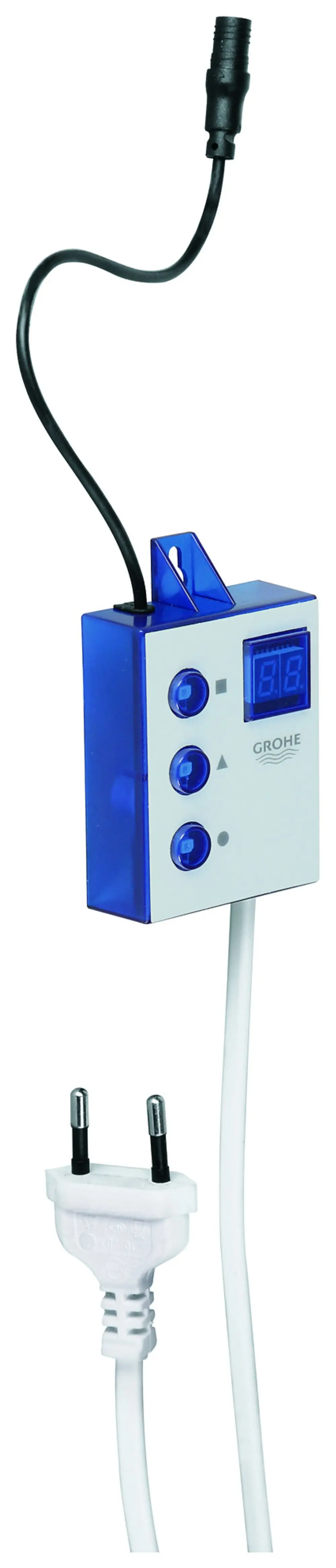 GROHE Steuereinheit mit digitalem Display und Tasten. Verbindungskabel in Schwarz, angeschlossen an einem weißen Netzstecker.