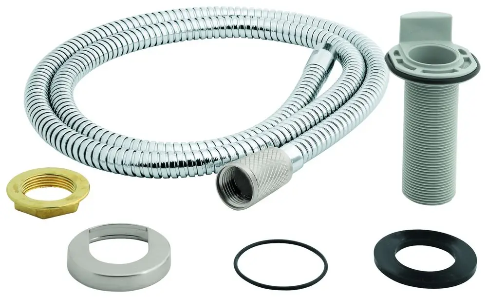 Verchromter flexibler Schlauch mit Anschlussstück, verschiedenen Dichtungen und Befestigungsteilen von Grohe, geeignet für Sanitärinstallationen.