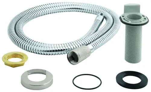 Verchromter flexibler Schlauch mit Anschlussstück, verschiedenen Dichtungen und Befestigungsteilen von Grohe, geeignet für Sanitärinstallationen.
