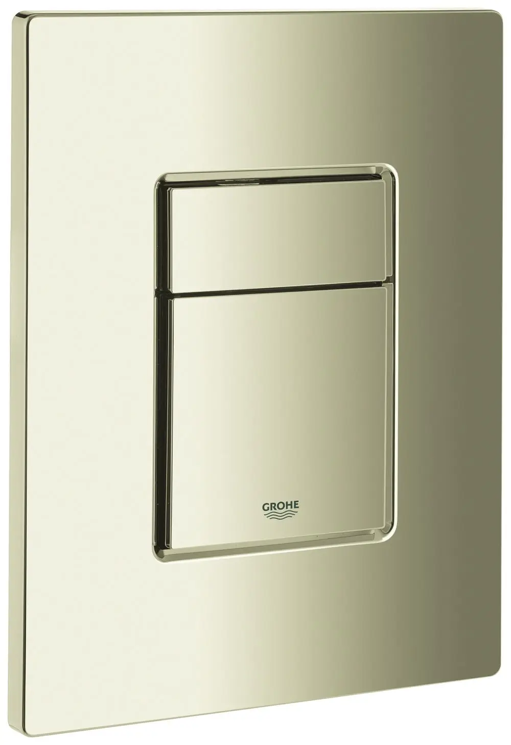 GROHE Abdeckplatte mit Drucktaste in nickel, quadratisch, einfache Oberfläche, befindet sich in einem neutralen Umfeld.