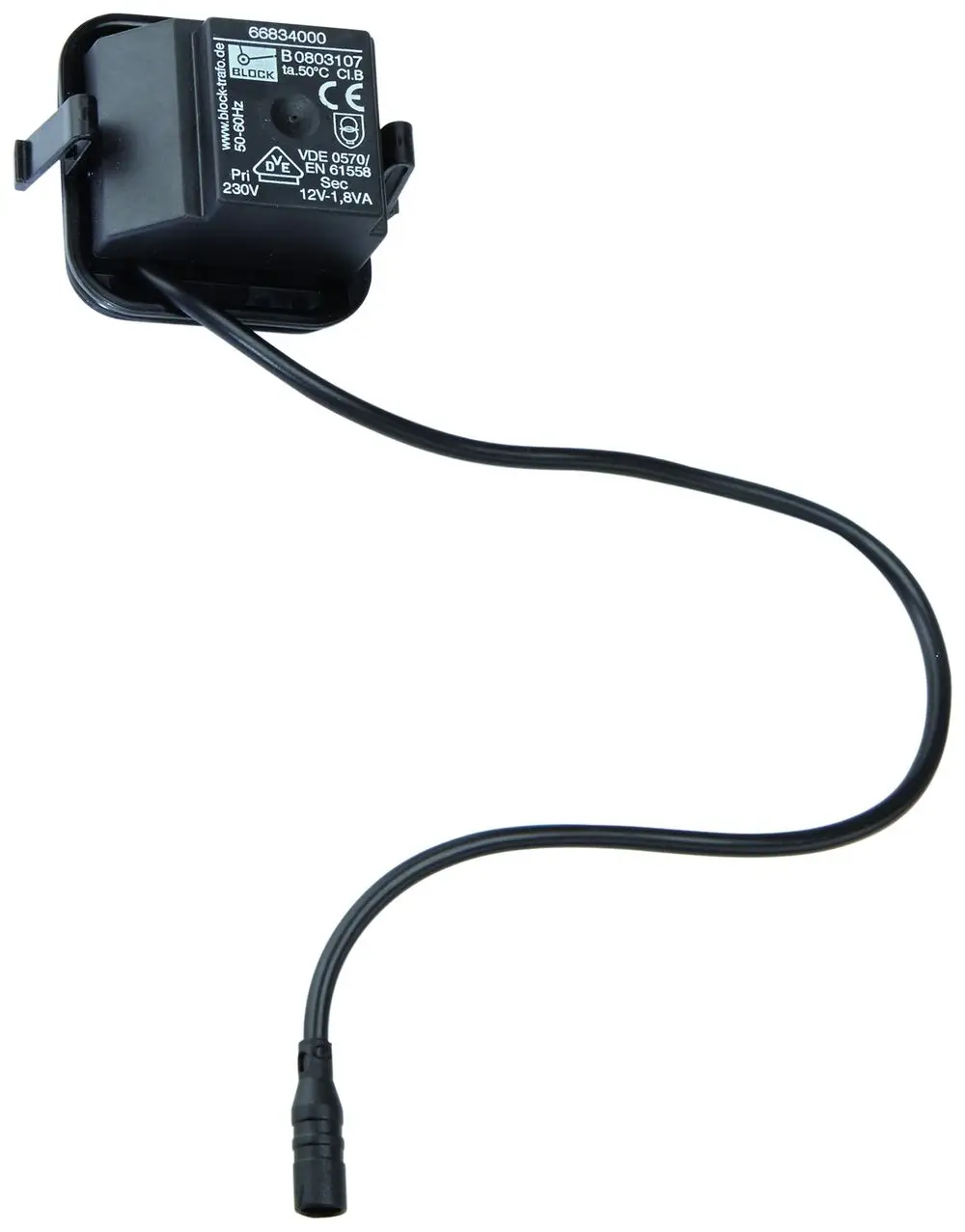 Schwarzer Steck-Transformator mit Kabel und Stecker, hergestellt von Grohe, für die Umwandlung von Elektrizität in Niederspannung.