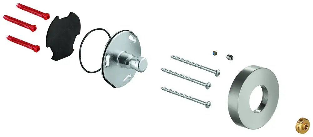 Grohe Montagezubehör mit Schrauben, Dichtungen und Halterungen für eine Brausestange, bestehend aus Metall und Kunststoffteilen, angeordnet auf weißem Hintergrund.