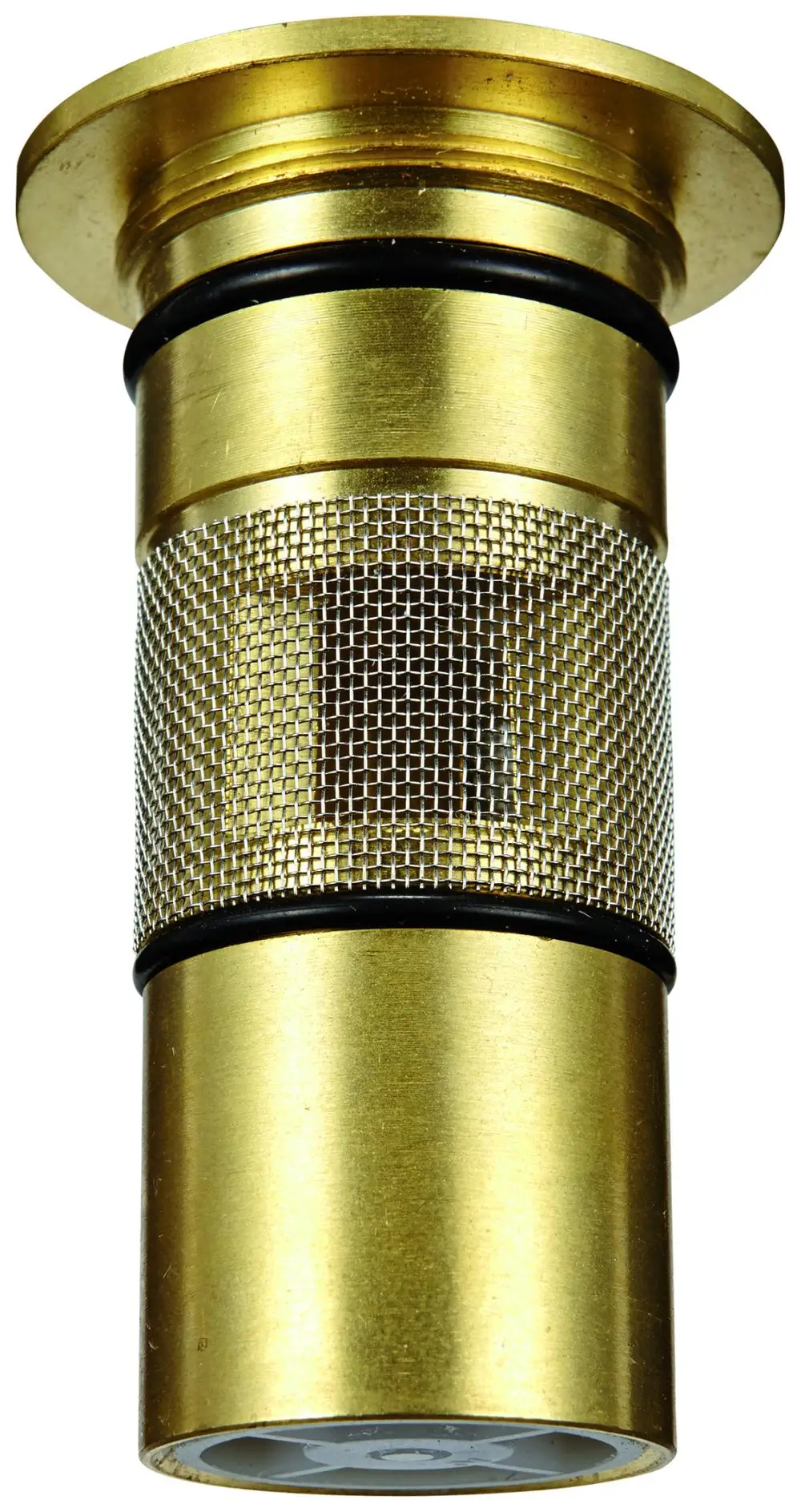 Grohe-Rückflussverhinderer in Goldfarbe, zylindrische Form mit einem Gitter für den Wasserdurchfluss, geeignet für Rohranschluss.