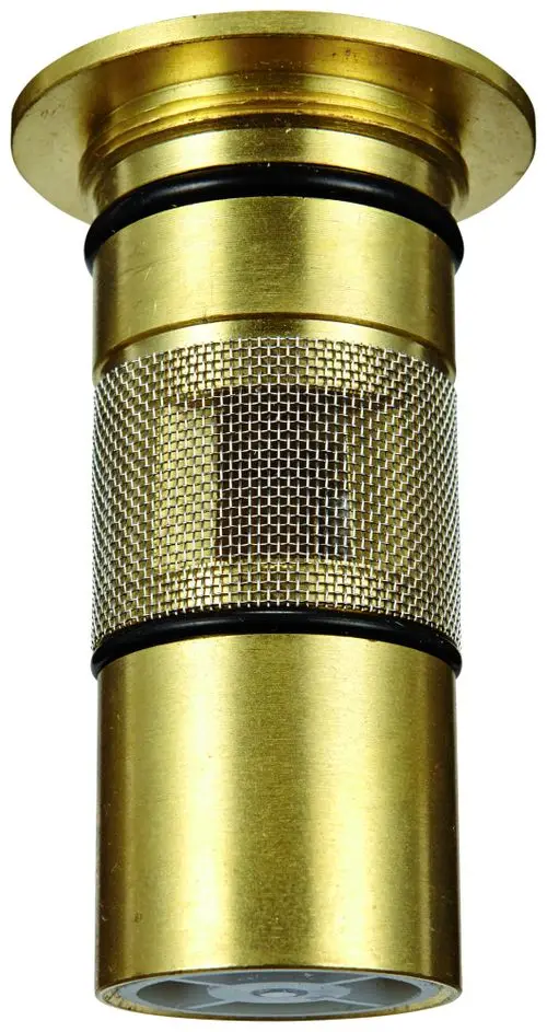 Grohe-Rückflussverhinderer in Goldfarbe, zylindrische Form mit einem Gitter für den Wasserdurchfluss, geeignet für Rohranschluss.