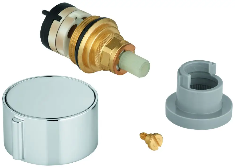 GROHE Umstellung, bestehend aus einer Kartusche mit metallischem Gehäuse, einem Chrom-Abdeckring, einer grauen Kunststoffmontage und einer kleinen Schraube.