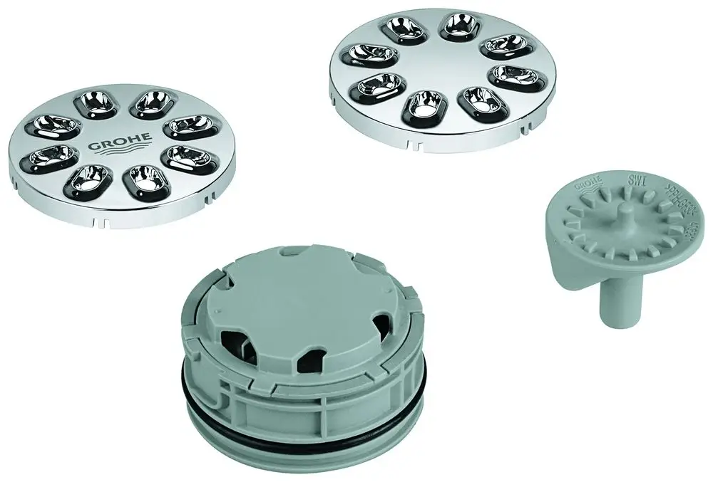 GROHE Duschabfluss mit runden Abdeckungen in Chromoptik. Enthält eine zentrale Drucktaste und eine Montagebasis in Grau.