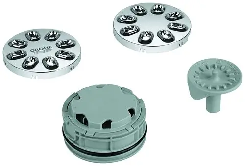 GROHE Duschabfluss mit runden Abdeckungen in Chromoptik. Enthält eine zentrale Drucktaste und eine Montagebasis in Grau.
