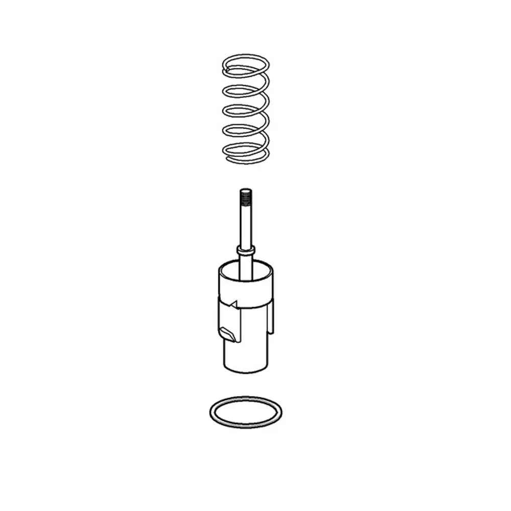 GROHE Komponenten, bestehend aus einer Hülse, einer Feder, einem Stift und einem Dichtungsring, in isolierter Ansicht. Ideal für WC-Druckspüler.