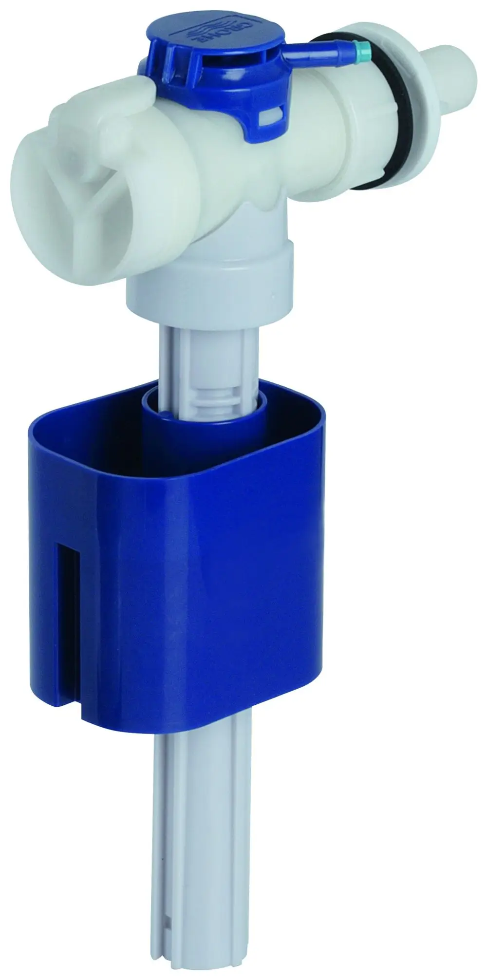 Füllventil in weiß mit blauen Details, geeignet für Spülkästen, voraussichtlich von Grohe. Das Ventil hat einen Korpus und eine Halterung für die Installation.