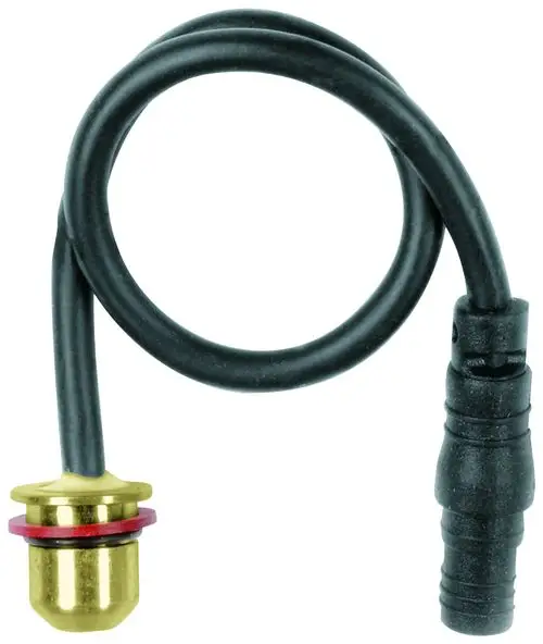 Temperaturfühler mit einem goldenen Anschluss und einem schwarzen Kabel. Er gehört zur Produktlinie von Grohe und dient der Temperaturmessung in Armaturen.