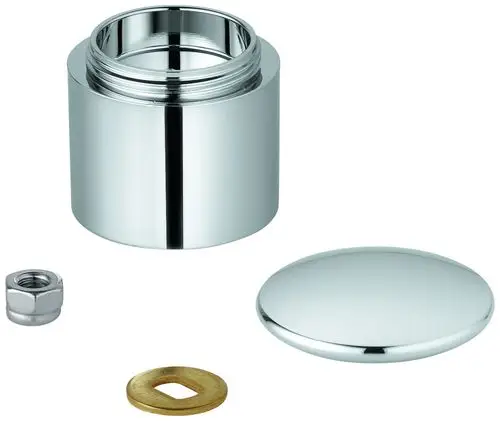 Grohe Umstellknopf aus verchromtem Material, bestehend aus einem zylindrischen Gehäuse, einer runden Abdeckung und zwei Verbindungselementen.
