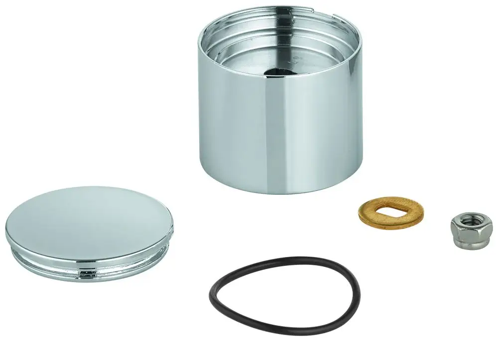 GROHE Umstellknopf in Chromoptik, bestehend aus einem runden Deckel, einem zylindrischen Gehäuse, einem schwarzen O-Ring, einer Dichtung und einer Mutter.