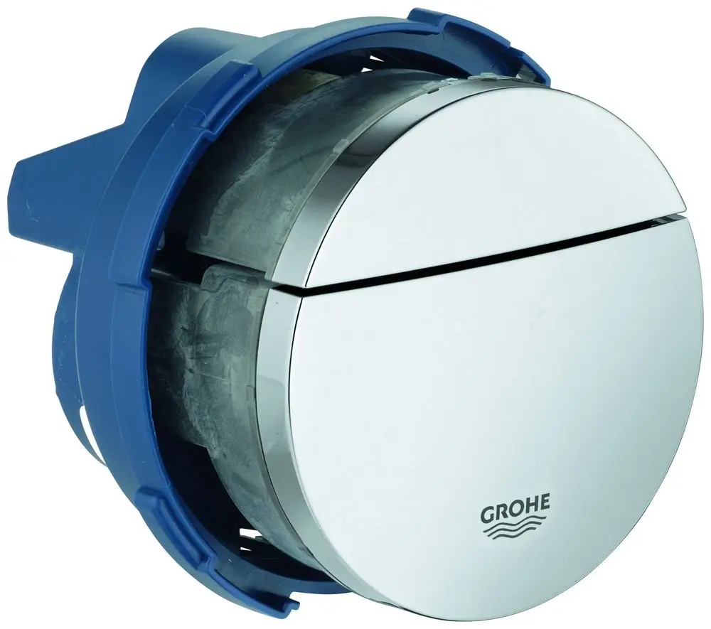 GROHE Drucktaste mit runder, glänzender Oberfläche und blauem Montagegestell, geeignet für die Installation in sanitärtechnischen Anwendungen.