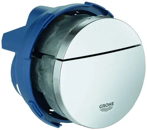 GROHE Drucktaste mit runder, glänzender Oberfläche und blauem Montagegestell, geeignet für die Installation in sanitärtechnischen Anwendungen.