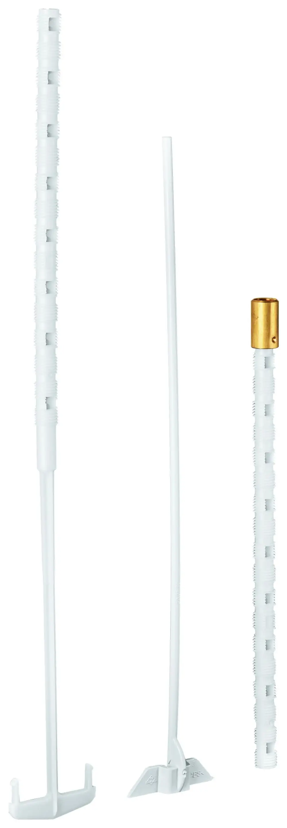Drei weiße Teile zur Betätigung, darunter eine Halterung und zwei Stangen, die mit Grohe Armaturen verwendet werden können. Designt für die Installation in Badezimmern.
