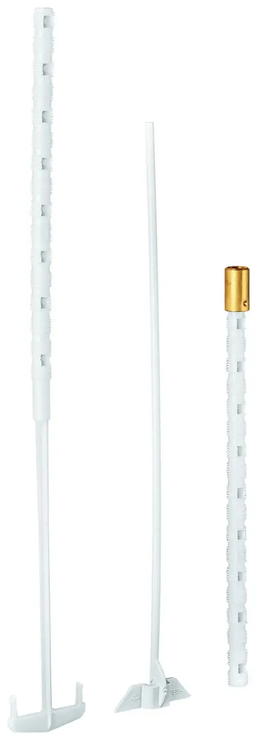 Drei weiße Teile zur Betätigung, darunter eine Halterung und zwei Stangen, die mit Grohe Armaturen verwendet werden können. Designt für die Installation in Badezimmern.
