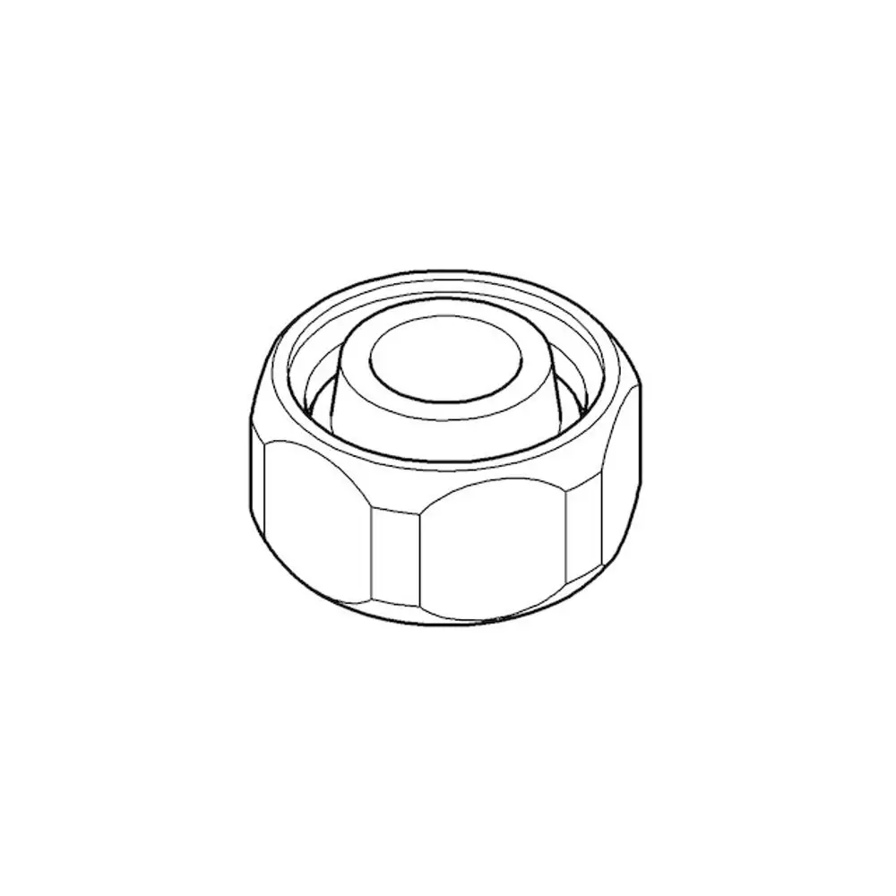 Quetschverschraubung von Grohe, zeigt eine runde, flache Oberseite mit hexagonalem Gehäuse. Ideal für Rohrverbindungen in Sanitärinstallationen.