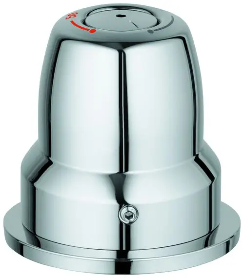 Chromfarbener Wasserregler mit einfacher Oberflächenform und markierter Temperaturanzeige, hergestellt von Grohe.