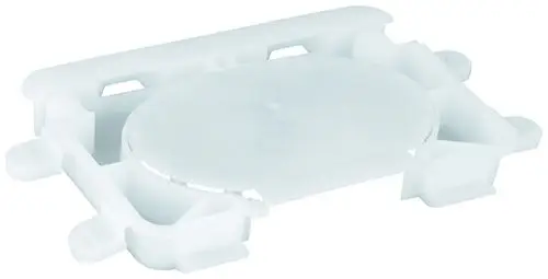 Weiße Schutzplatte von Grohe, rechteckige Form mit einer runden Mitte und seitlichen Halterungen, geeignet für WC-Elemente.