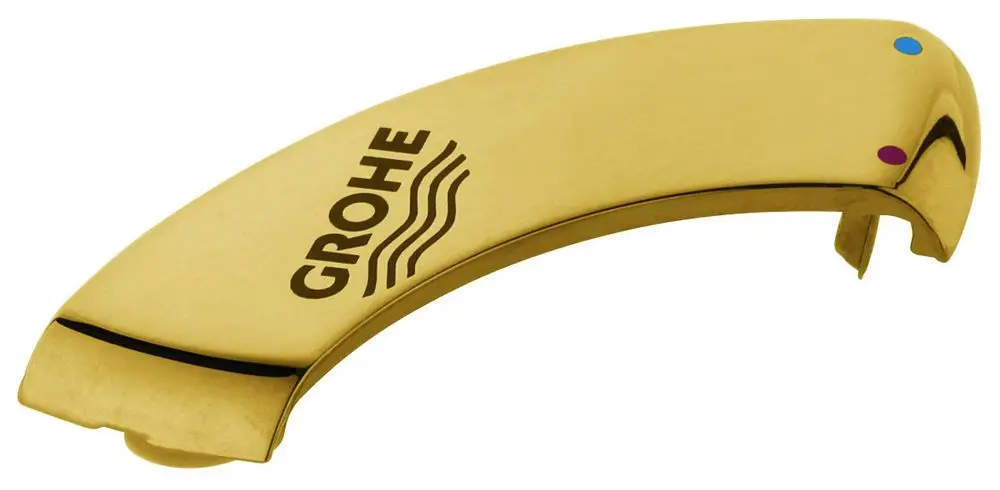 Goldene Abdeckkappe mit dem Logo von Grohe und Farbmarkierungen für Warm- und Kaltwasser. Geeignet für bestimmte Hebelarmaturen.