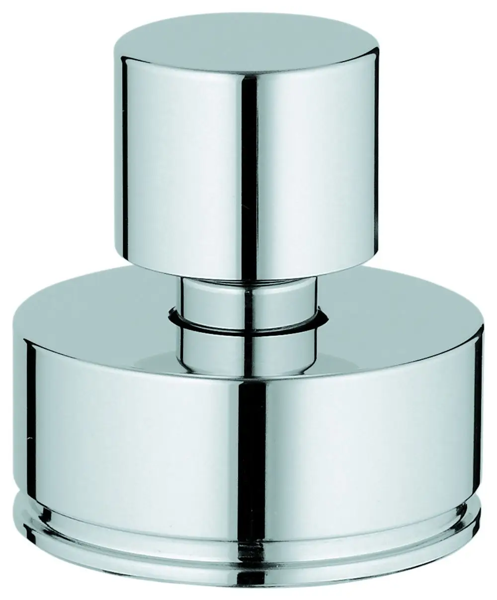 Chromfarbener Wasserhahn mit runder, einfacher Form von Grohe, bestehend aus einem zylindrischen Kopf und einem stabilen, breiten Sockel.