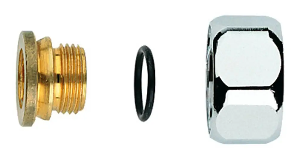 GROHE Anschlussverschraubung bestehend aus einem messingfarbenen Gewinde, einem schwarzen O-Ring und einer verchromten Mutter, auf einer weißen Unterlage.