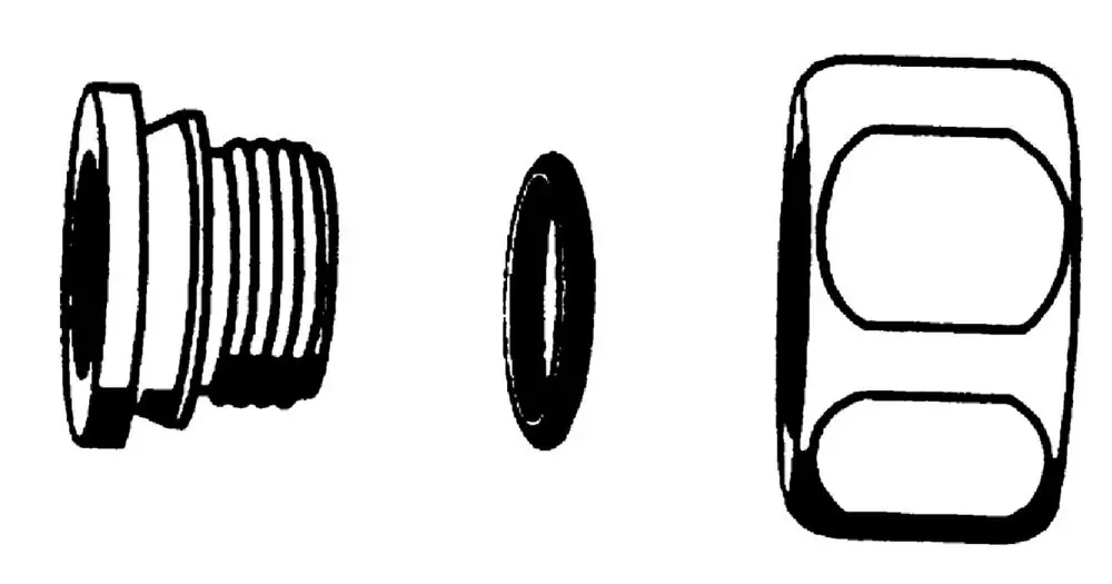 Drei separate Teile einer Anschlussverschraubung, darunter ein gewindeter Stutzen, ein O-Ring und eine Mutter, alle in einem klaren Design, möglicherweise von Grohe.