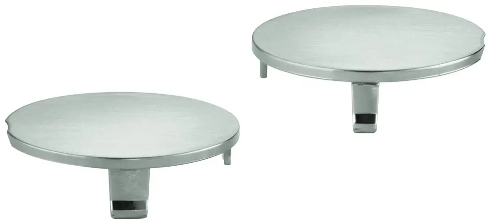 Zwei runde, flache Abdeckkappen aus Metall, jeweils mit einer Halterung. Für die Verwendung mit Grohe-Produkten geeignet.