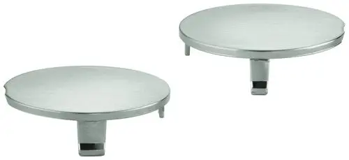 Zwei runde, flache Abdeckkappen aus Metall, jeweils mit einer Halterung. Für die Verwendung mit Grohe-Produkten geeignet.