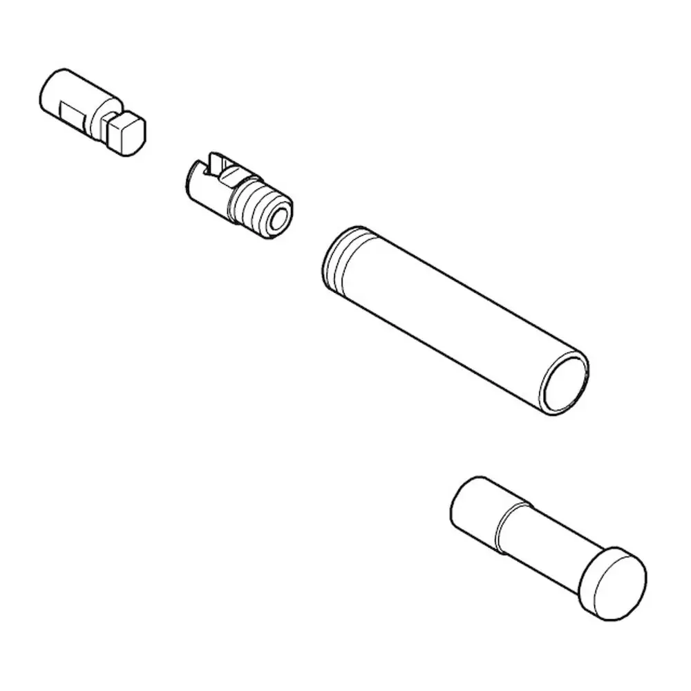 Illustration von verschiedenen Komponenten, darunter ein runder und ein quadratischer Teil sowie ein länglicher zylindrischer Abschnitt, möglicherweise für Grohe Sanitärprodukte.